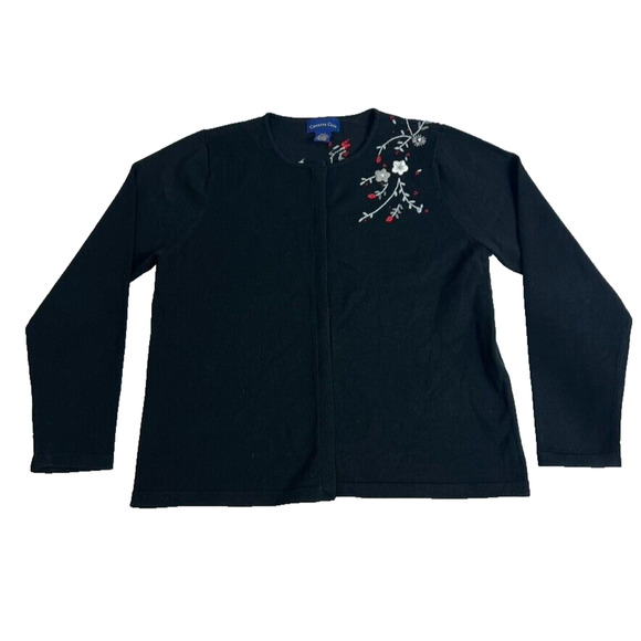 CHARTER CLUB Cardigan Sweater Womens Large Black Embroidered Flowers Button Up - Picture 1 of 8
